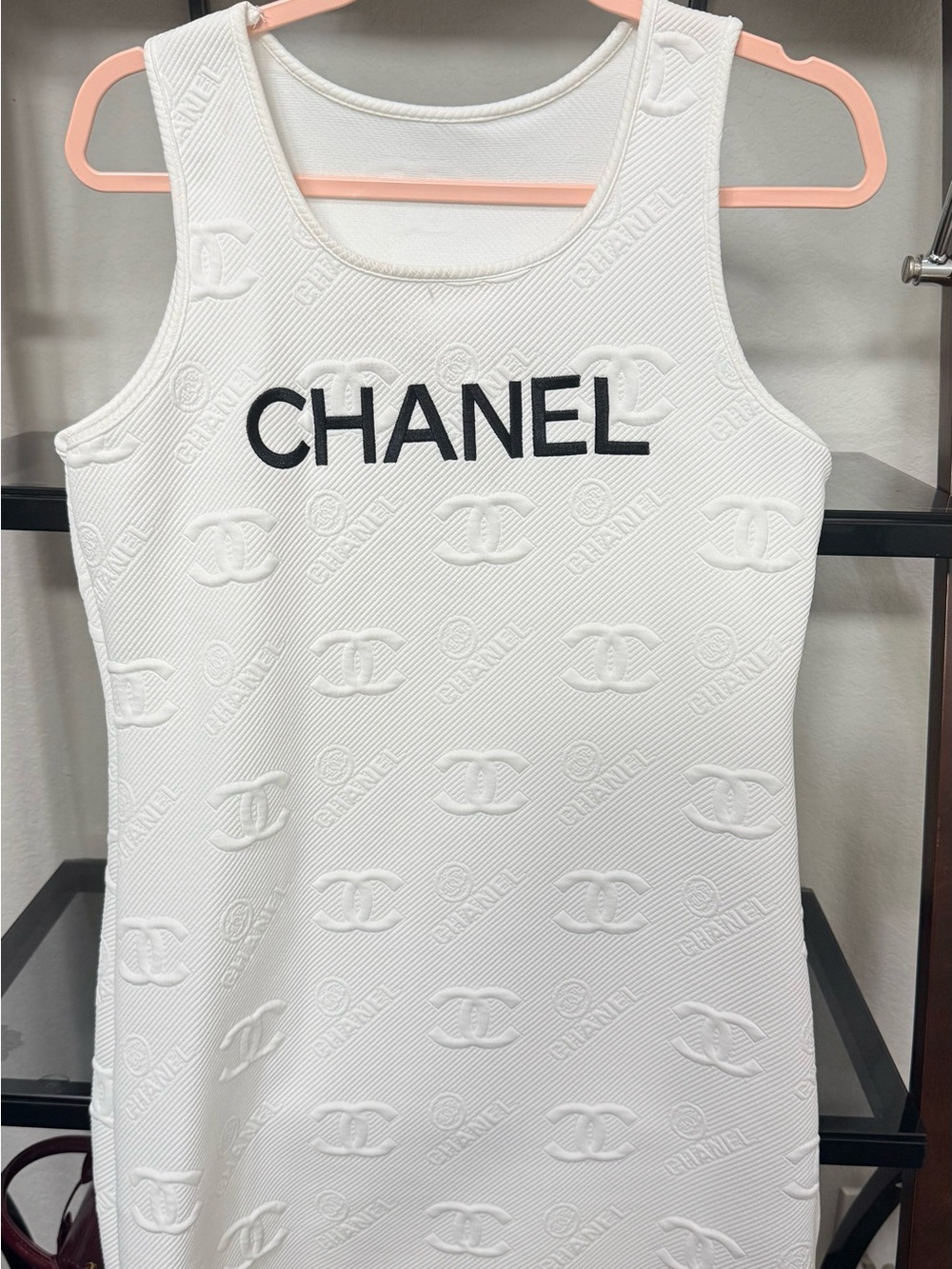 White Logo Tank Dress - Sleeveless Ribbed Knit